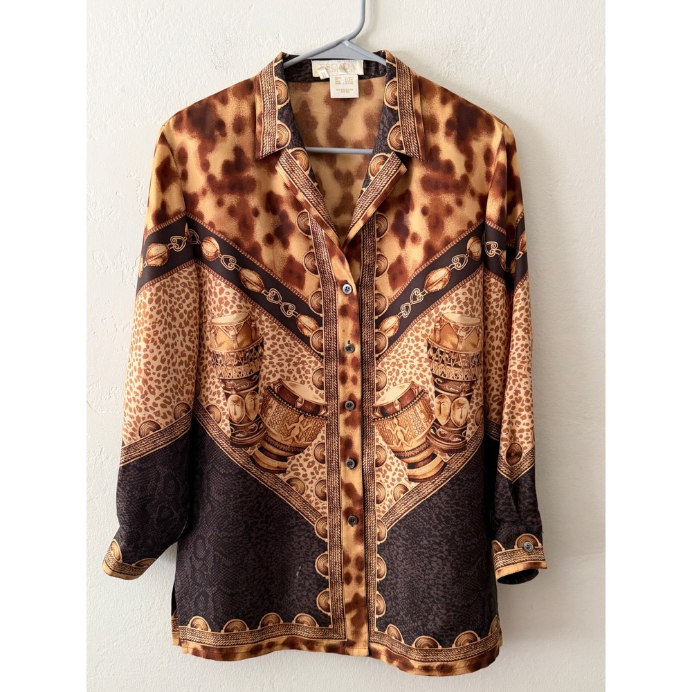 Escada Margaretha Ley Vintage Silk Blouse Mixed Animal Print Tribal Drums Brown
